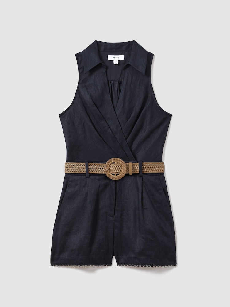 Reiss Navy Mila Linen Double Breasted Belted Playsuit - Image 2 of 6