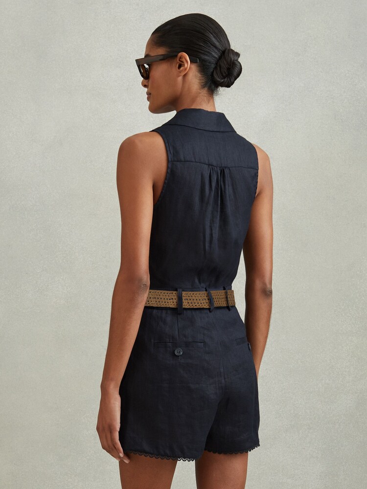 Buy Reiss Navy Mila Linen Double Breasted Belted Playsuit from the