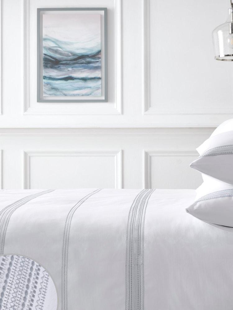 Appletree White Embroidered Band 100% Cotton Duvet Cover Set - Image 2 of 4
