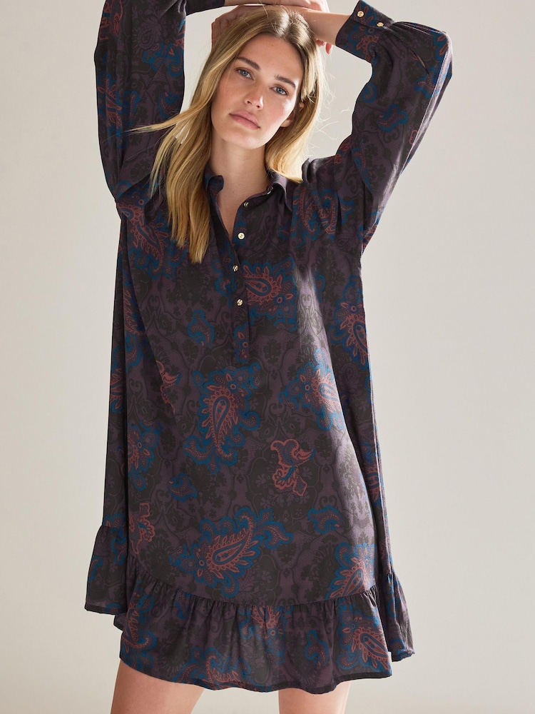 Violett/Blumen-Paisley-Muster - Langärmeliges Mini-Hemdkleid - Bild 1 von 6 Violett/Blumen-Paisley-Muster - Langärmeliges Mini-Hemdkleid - Bild 1 von 6