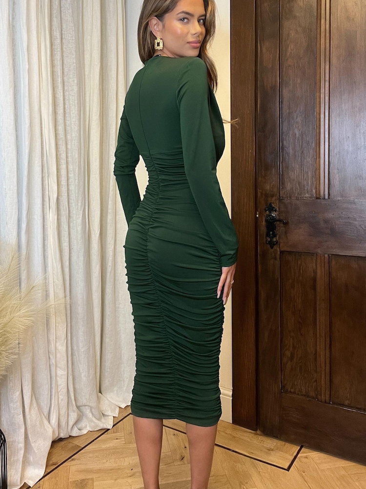 AX Paris Green Forest Long Sleeve Ruched Bodycon Dress - Image 2 of 4