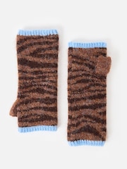 Oliver Bonas Brown/Blue Tiger Print Knitted Wrist Warmers Gloves - Image 1 of 4