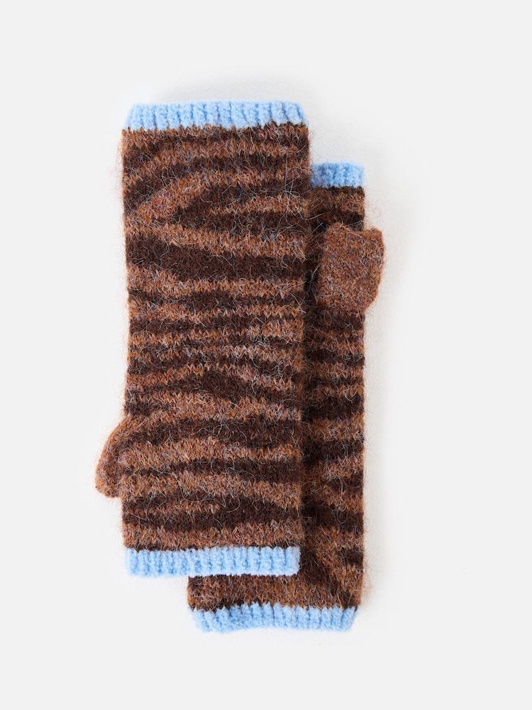 Oliver Bonas Brown/Blue Tiger Print Knitted Wrist Warmers Gloves - Image 2 of 4 Oliver Bonas Brown/Blue Tiger Print Knitted Wrist Warmers Gloves - Image 2 of 4