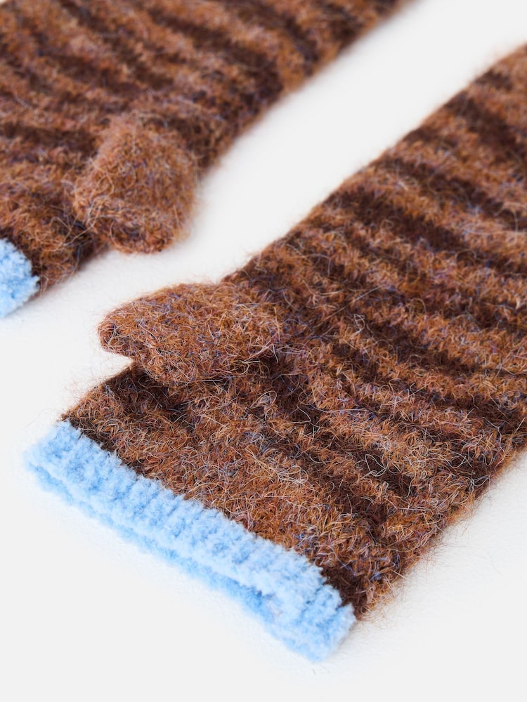 Oliver Bonas Brown/Blue Tiger Print Knitted Wrist Warmers Gloves - Image 4 of 4 Oliver Bonas Brown/Blue Tiger Print Knitted Wrist Warmers Gloves - Image 4 of 4