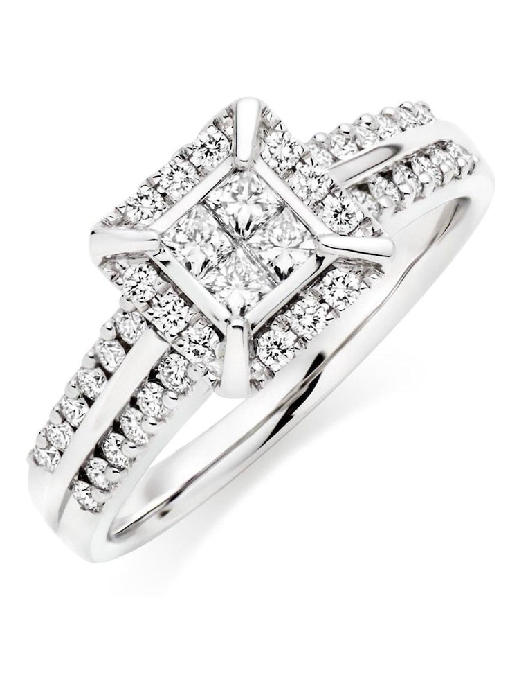 Beaverbrooks 18ct White Gold Diamond Princess Cut Cluster Halo Ring - Image 1 of 5
