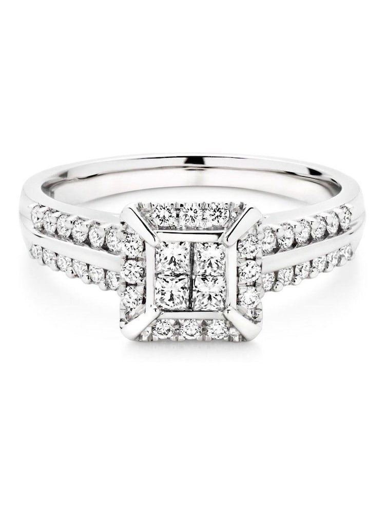 Beaverbrooks 18ct White Gold Diamond Princess Cut Cluster Halo Ring - Image 2 of 5