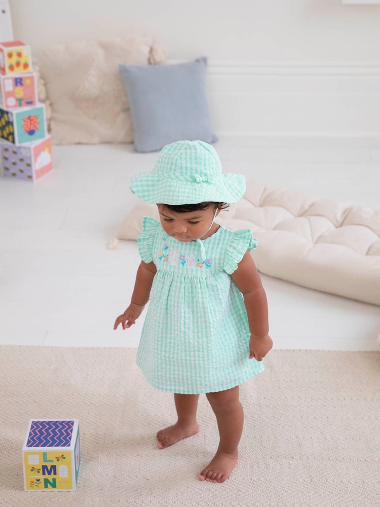 JoJo Maman Bébé Duck Egg 3-Piece Gingham Bunny Embroidered Dress With Knickers & Floppy Hat Set - Image 1 of 7