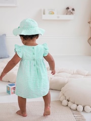 JoJo Maman Bébé Duck Egg 3-Piece Gingham Bunny Embroidered Dress With Knickers & Floppy Hat Set - Image 2 of 7