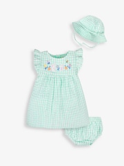 JoJo Maman Bébé Duck Egg 3-Piece Gingham Bunny Embroidered Dress With Knickers & Floppy Hat Set - Image 3 of 7