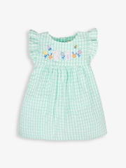 JoJo Maman Bébé Duck Egg 3-Piece Gingham Bunny Embroidered Dress With Knickers & Floppy Hat Set - Image 4 of 7