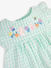 JoJo Maman Bébé Duck Egg 3-Piece Gingham Bunny Embroidered Dress With Knickers & Floppy Hat Set - Image 7 of 7
