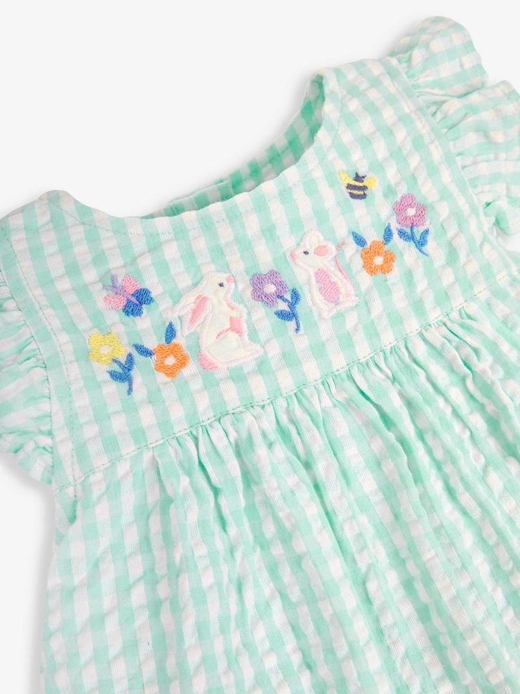 JoJo Maman Bébé Duck Egg 3-Piece Gingham Bunny Embroidered Dress With Knickers & Floppy Hat Set - Image 7 of 7