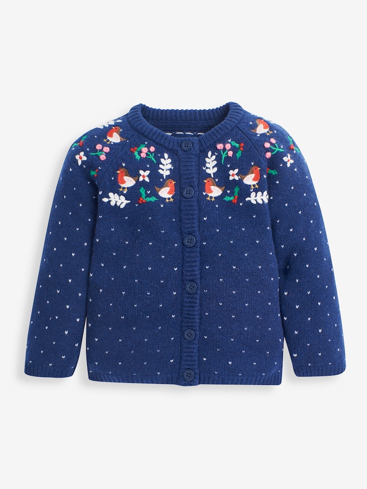 JoJo Maman Bébé Navy Christmas Embroidered Cardigan - Image 1 of 2