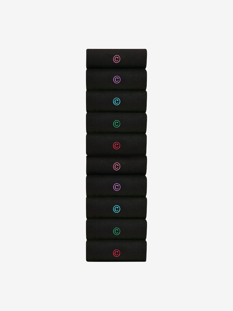 Initial Black Embroidered Lasting Fresh Socks 10 Pack - Image 1 of 11