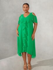 Live Unlimited Green Curve Ruffle Cold Shoulder frill front Dress - Image 3 of 4