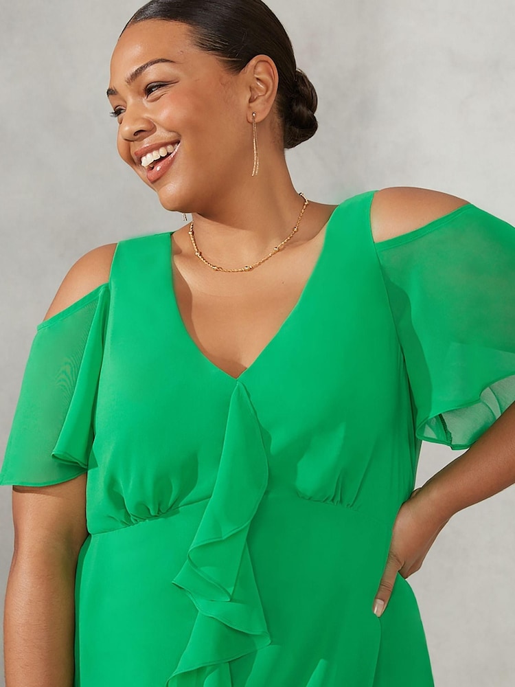 Live Unlimited Green Curve Ruffle Cold Shoulder frill front Dress - Image 4 of 4