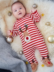 JoJo Maman Bébé Red Stripe Reindeer Appliqué Cotton Baby Sleepsuit - Image 1 of 7