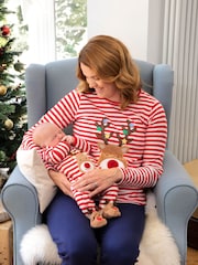 JoJo Maman Bébé Red Stripe Reindeer Appliqué Cotton Baby Sleepsuit - Image 2 of 7