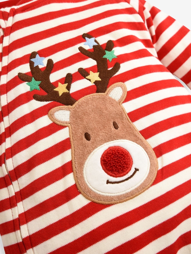JoJo Maman Bébé Red Stripe Reindeer Appliqué Cotton Baby Sleepsuit - Image 7 of 7
