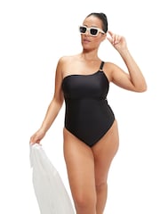 Speedo Dark Black Womens Shaping Printed Asymmetric 1 Piece Swimsuit - Image 4 of 12