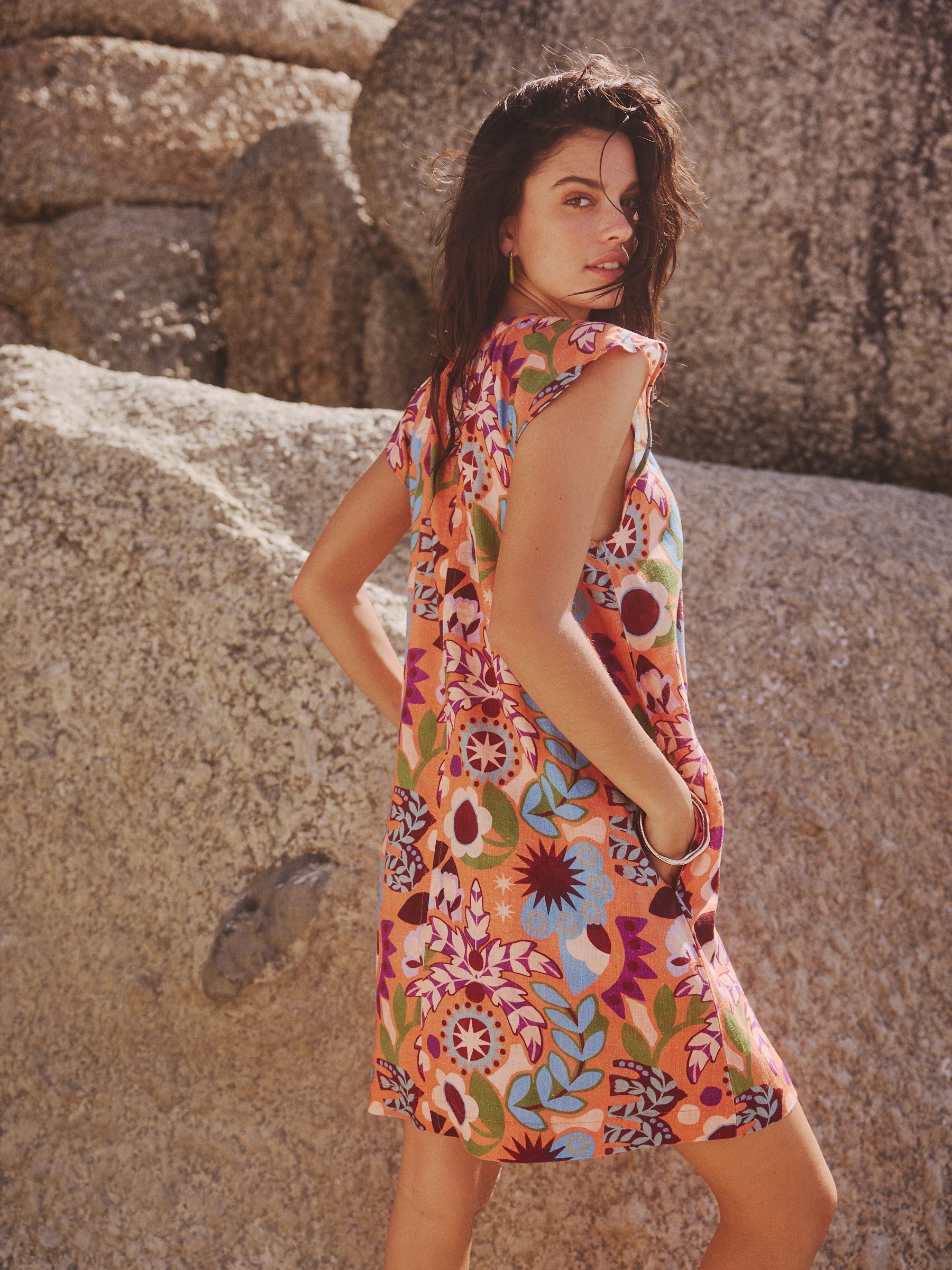 Buy Orange Tropical Print Linen Blend V Neck Summer Sleeveless Shift Dress from Next Luxembourg