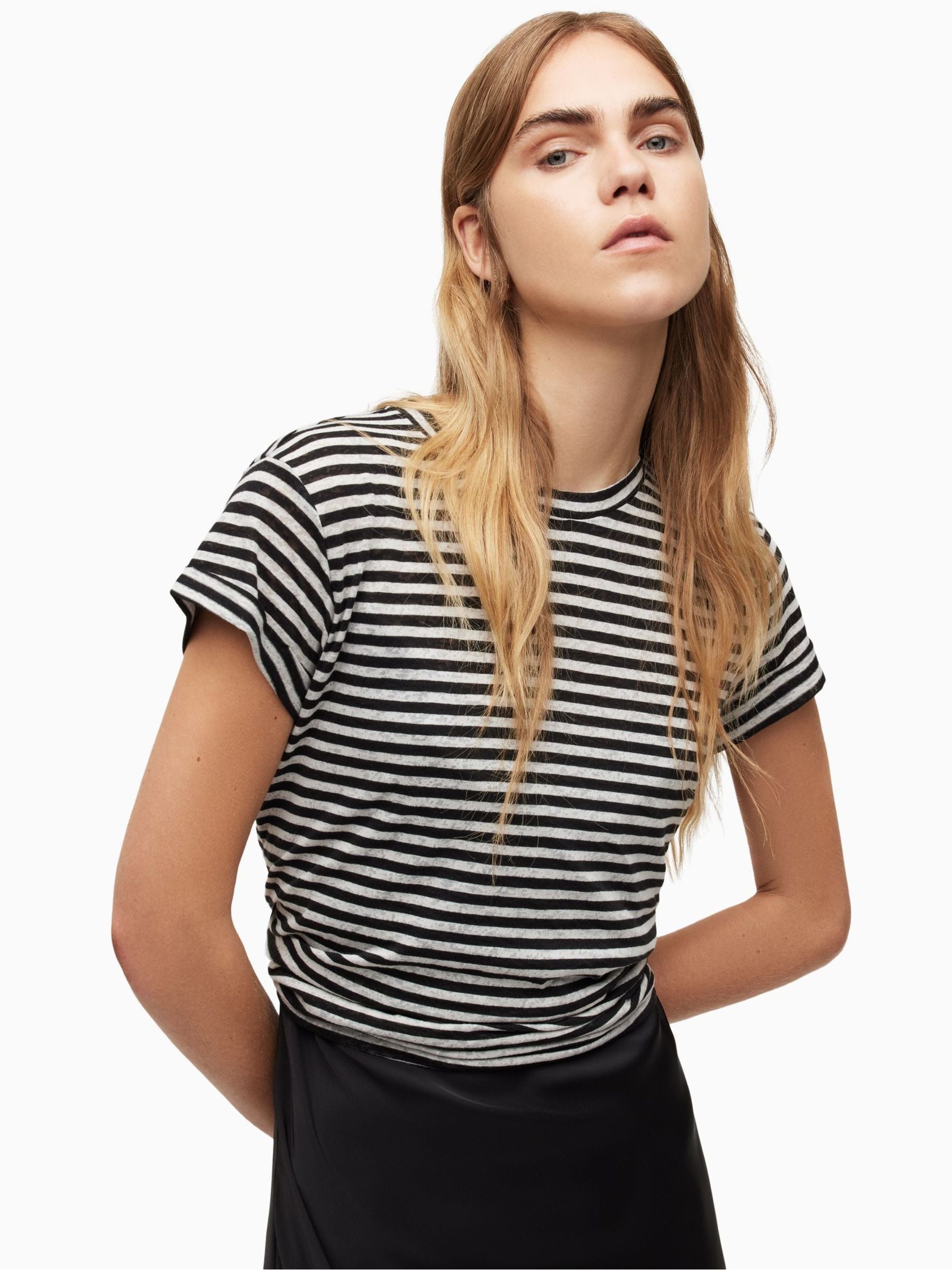 (取寄) オールセインツ レディース アンナ ストライプ ティー AllSaints women Anna Stripe Tee Black Shimmer Buy AllSaints Black Anna Stripe T-Shirt from Next USA
