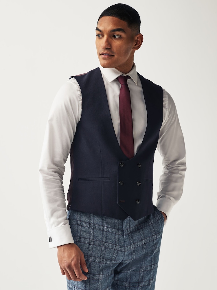 Blue Regular Fit Trimmed Check Suit Waistcoat - Image 1 of 8