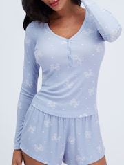 Boux Avenue Blue Bow Ribbed Modal Short Pyjamas Set - Image 2 of 6