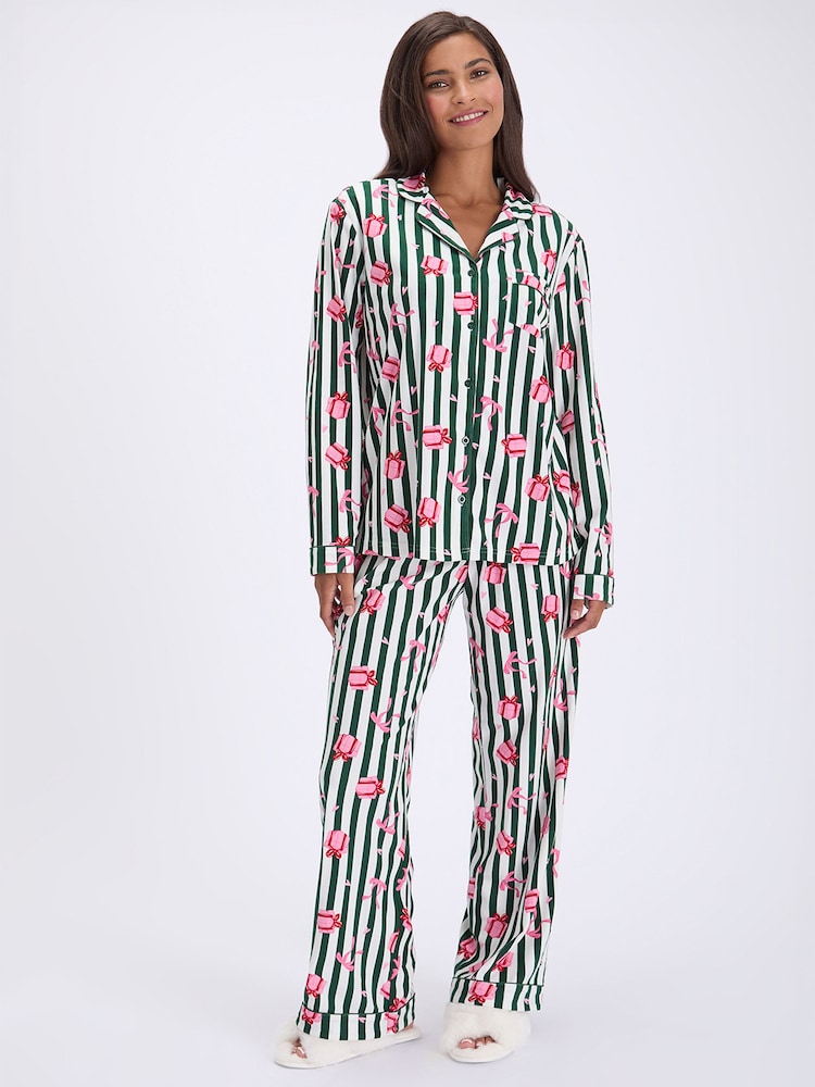 Boux Avenue Green Stripe Long Sleeve Fleece Pyjamas In A Bag - Image 1 of 6