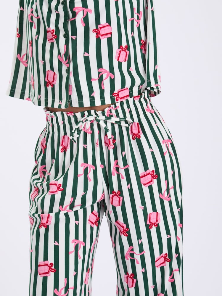 Boux Avenue Green Stripe Long Sleeve Fleece Pyjamas In A Bag - Image 2 of 6
