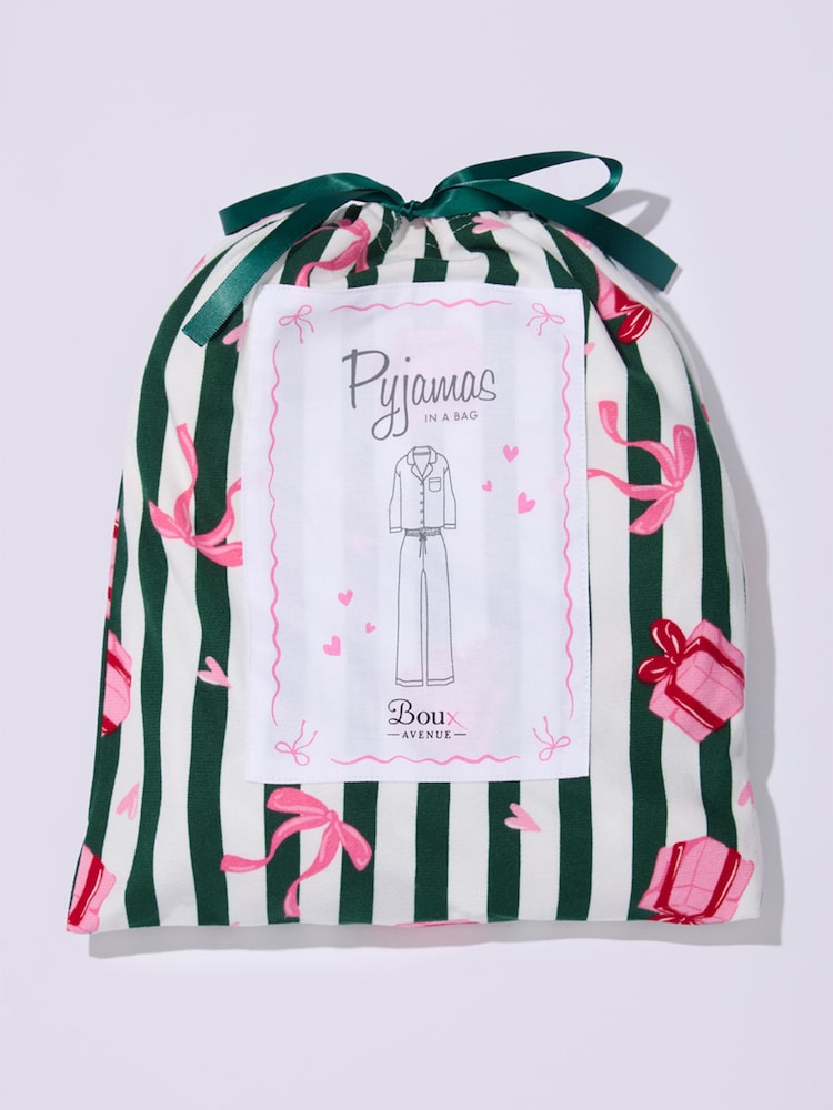 Boux Avenue Green Stripe Long Sleeve Fleece Pyjamas In A Bag - Image 6 of 6
