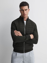 Reiss Forest Green Flintoff Hybrid Quilt and Knit Zip-Through Jacket - Image 1 of 5