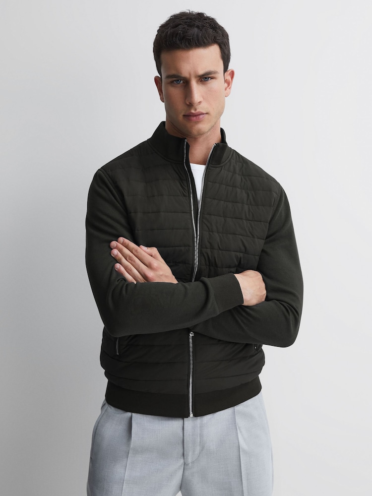 Reiss Forest Green Flintoff Hybrid Quilt and Knit Zip-Through Jacket - Image 1 of 5