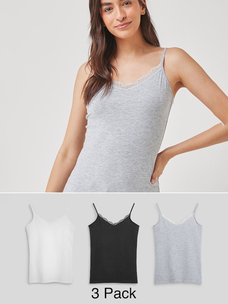Black/White/Grey Lace Trim Vests 3 Pack - Image 1 of 10 Black/White/Grey Lace Trim Vests 3 Pack - Image 1 of 10