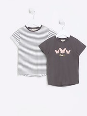 River Island White/Grey Mini Girls 100% Cotton Stripe T-Shirts 2 Pack - Image 1 of 4