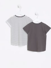 River Island White/Grey Mini Girls 100% Cotton Stripe T-Shirts 2 Pack - Image 2 of 4