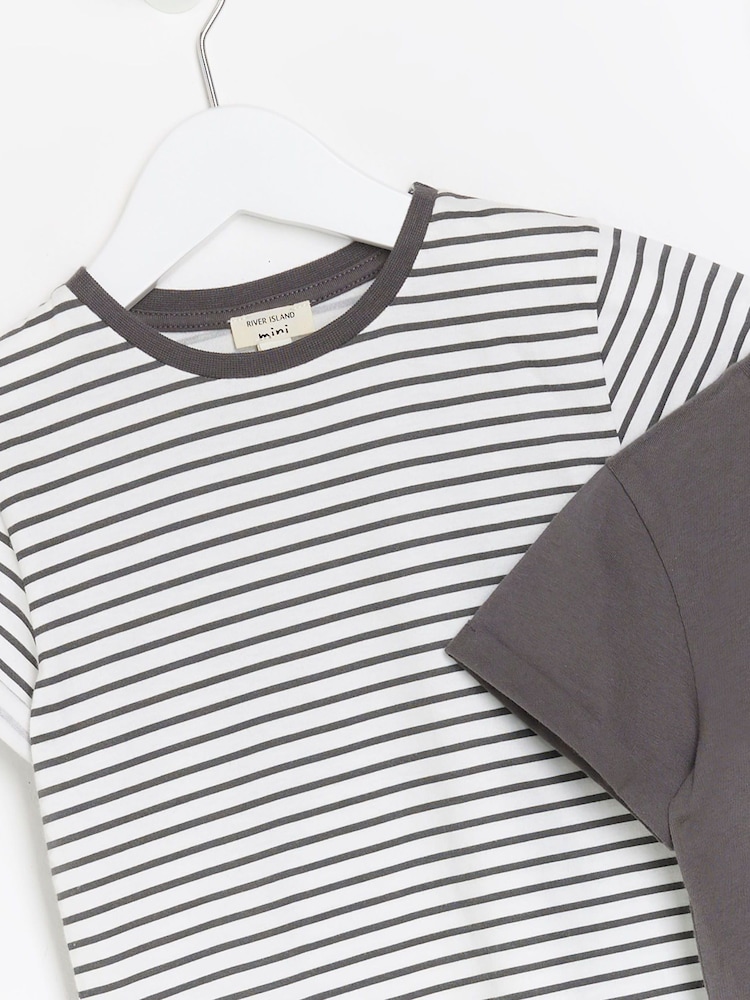 River Island White/Grey Mini Girls 100% Cotton Stripe T-Shirts 2 Pack - Image 3 of 4
