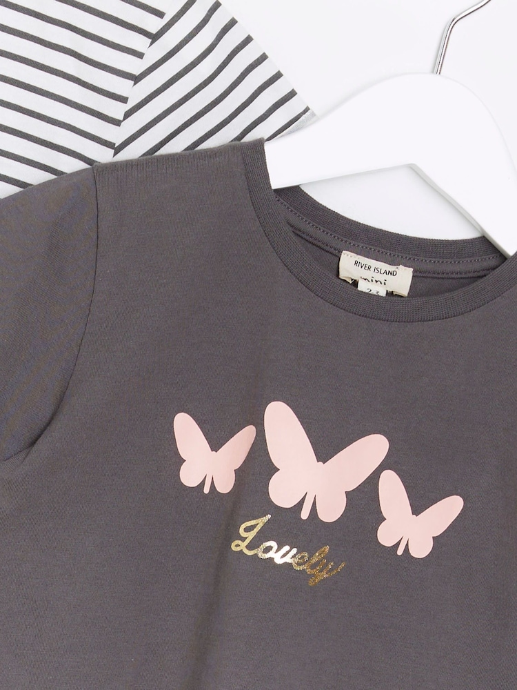 River Island White/Grey Mini Girls 100% Cotton Stripe T-Shirts 2 Pack - Image 4 of 4