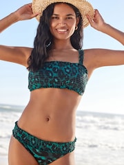 Green Leopard Shirred Bandeau Bikini Top - Image 1 of 7