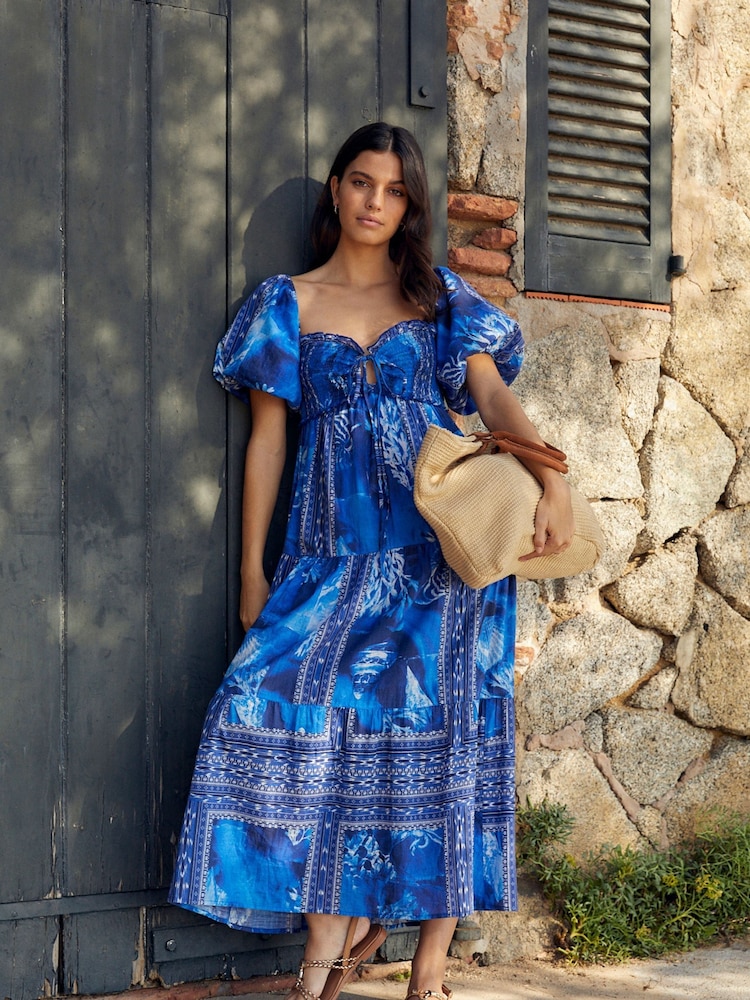 Blauer Print - Maxikleid mit Puffärmeln - Bild 2 von 6