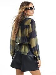 River Island Black Check Funnel Neck Tie Waist Top - Image 2 of 4