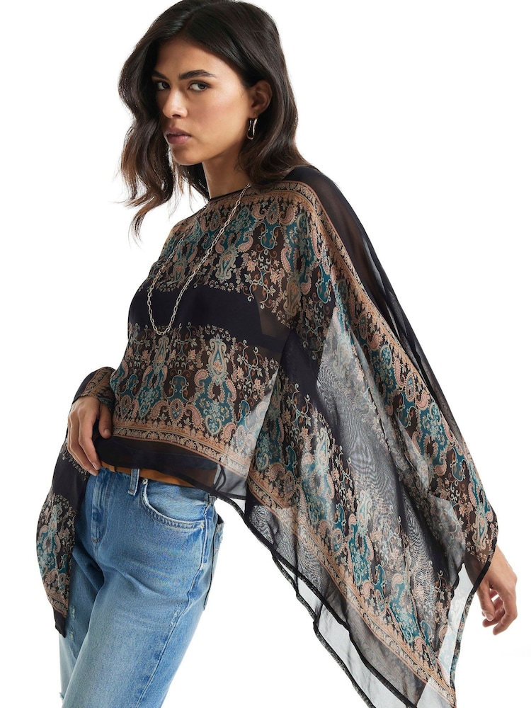 River Island Black Paisley Scarf Print Batwing Top - Image 1 of 4 River Island Black Paisley Scarf Print Batwing Top - Image 1 of 4