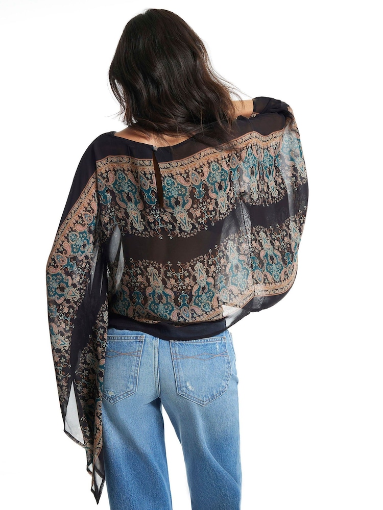 River Island Black Paisley Scarf Print Batwing Top - Image 2 of 4 River Island Black Paisley Scarf Print Batwing Top - Image 2 of 4