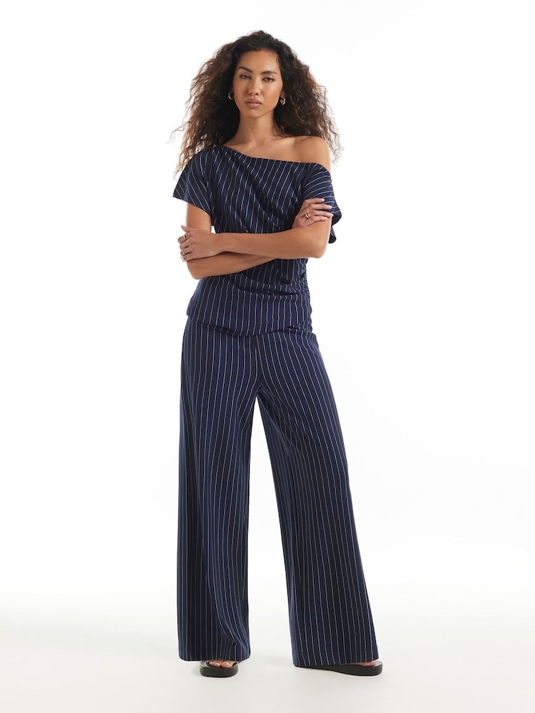 River Island Blue Pinstripe Wide Leg Trousers - Image 1 of 4