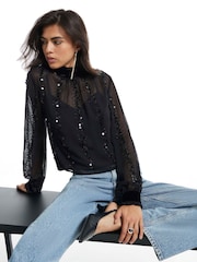 River Island Black Long Sleeve Sequin Tie-Back Top - Image 1 of 4