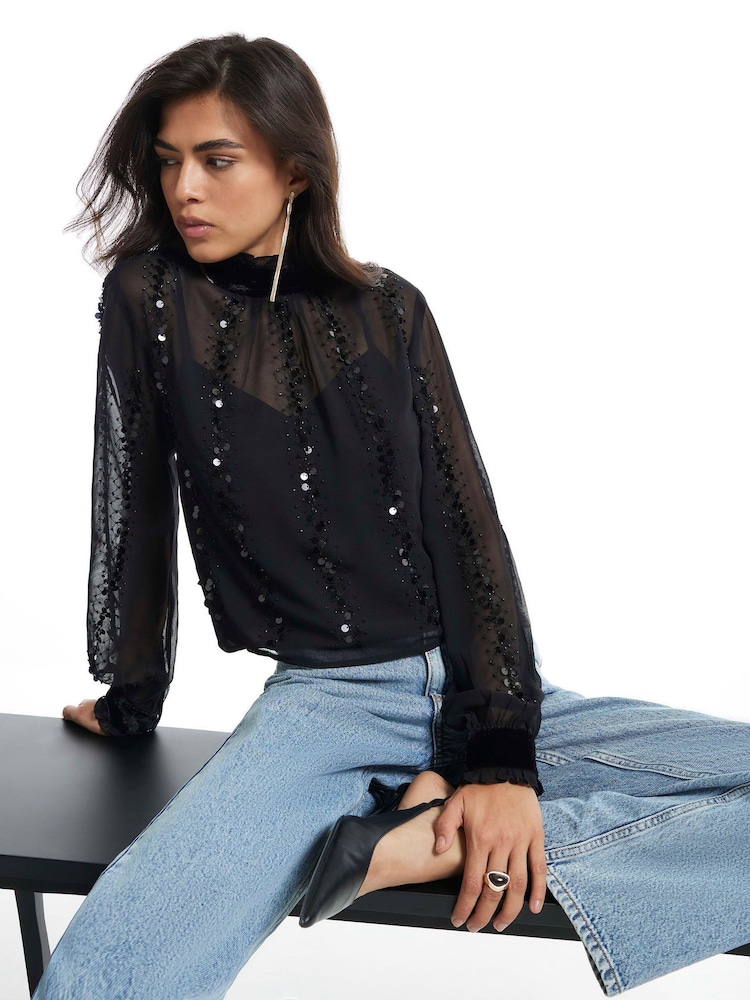 River Island Black Long Sleeve Sequin Tie-Back Top - Image 1 of 4 River Island Black Long Sleeve Sequin Tie-Back Top - Image 1 of 4