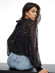 River Island Black Long Sleeve Sequin Tie-Back Top - Image 3 of 4