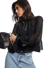 River Island Black Long Sleeve Sequin Tie-Back Top - Image 4 of 4