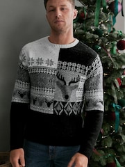 Black/White Regular Reindeer Christmas Mens Knitted Jumper - Image 1 of 6