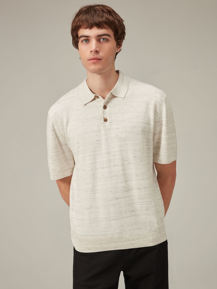Natural Linen Blend Knitted Polo Shirt - Image 1 of 7